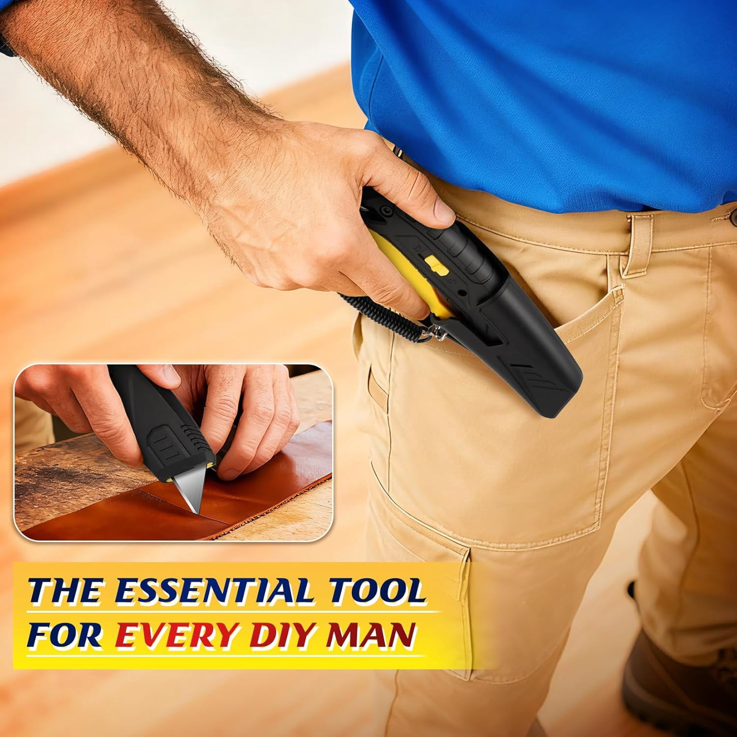 Safety Box Cutter Retractable with Holster, Self Retracting Utility Knife with 10 SK5 Blades, Box Opener Razor Knife, Non-Slip Grip Work Knife for Warehouse Retail Home, Navajas Para Trabajo
