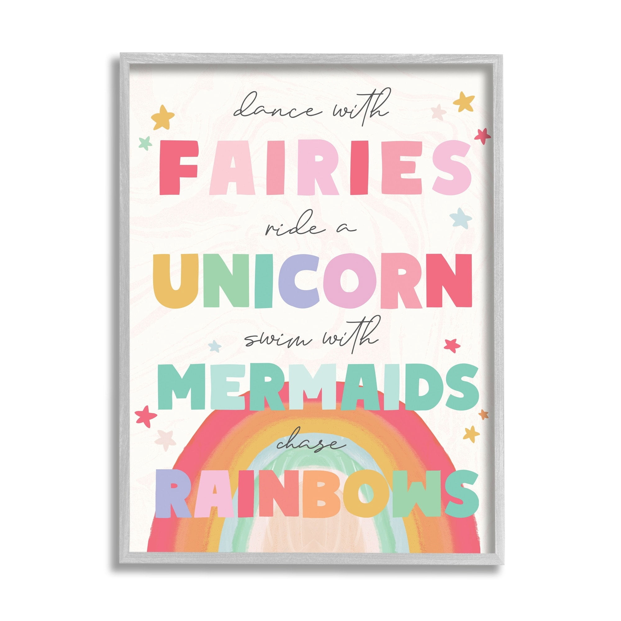Stupell Industries Fairies Unicorns Mermaids and Rainbows Whimsical Design Grey Framed, 11 x 14, Design by Daphne Polselli