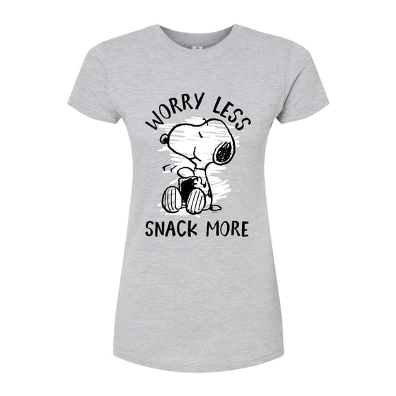 Peanuts - Worry Less Snack More Snoopy - Juniors Fitted Graphic T-Shirt