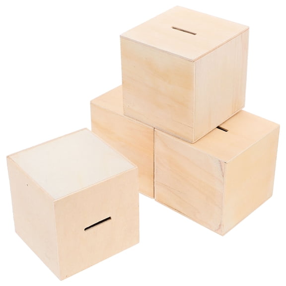 KALLORY 4Pcs Wood Saving Box Wooden Beige Coin Banks 3.9In