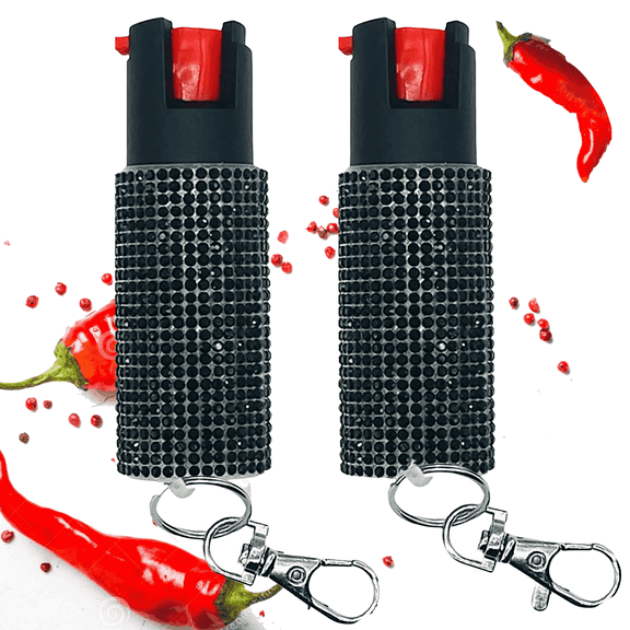 AIGOROSE Pepper Spray With Safety Twist Top Glow-in-Dark, 12 ft Range, 2 Pack Black, Rhinestone Design Pepper Spray Keychain