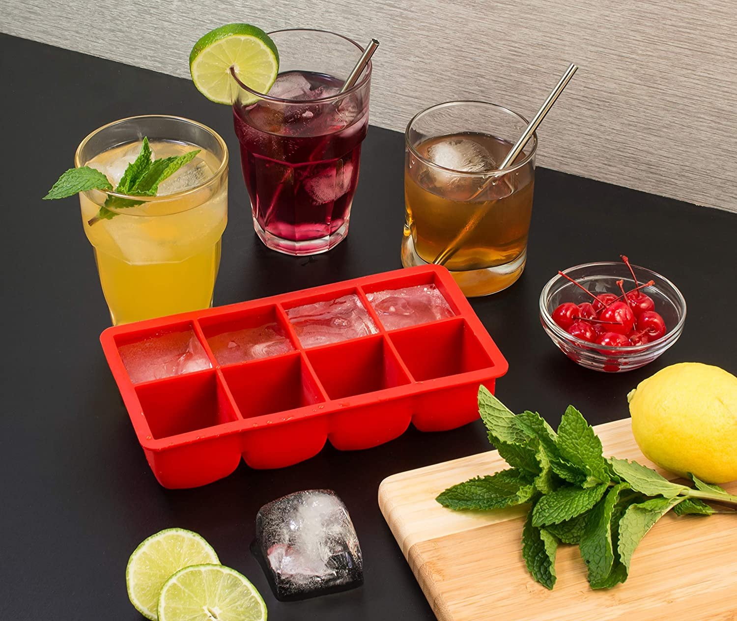 HIC Kitchen Big Block Silicone Ice Cube Tray, European-Grade, Non-Stick, Makes 8 Large Ice Cubes, Set of 2