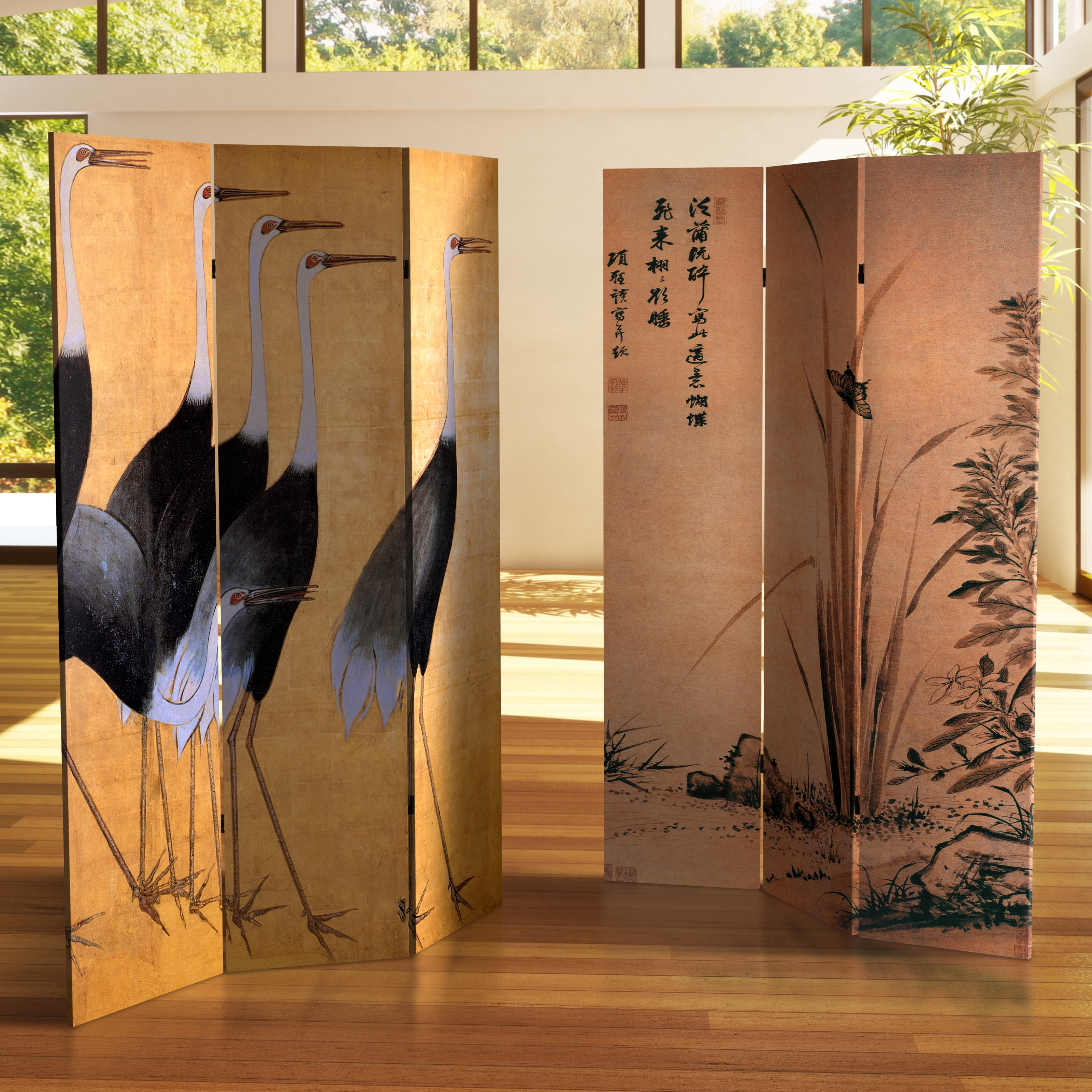 Oriental Furniture 6 ft. Tall Double Sided Cranes Room Divider - 4 Panel
