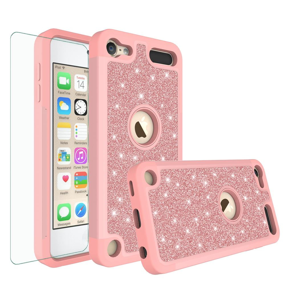 SPY Case for For New iPod Touch 7 Case, Touch 5, 6, 7th Generation Glitter Ruuged Case Cover with Tempered Glass Screen Protector - Rose Gold