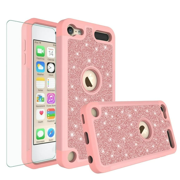 SPY Case for For New iPod Touch 7 Case, Touch 5, 6, 7th Generation Glitter Ruuged Case Cover with Tempered Glass Screen Protector - Rose Gold