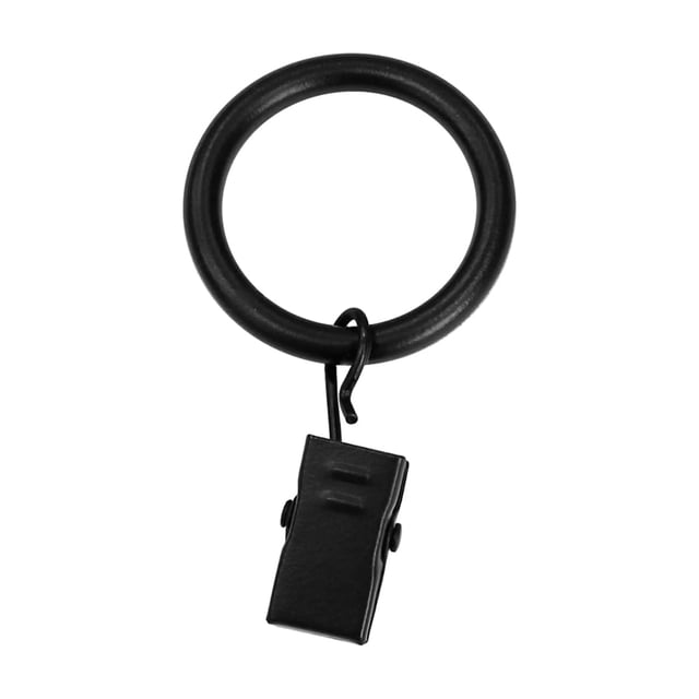 Matte black 1-inch curtain clip ring with attached clamp for hanging curtains.