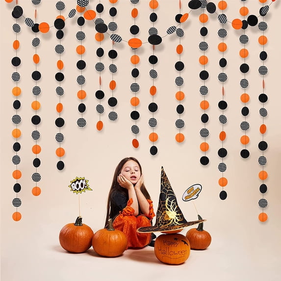 4Pcs Black Orange White Dot Circle Garland Halloween Hanging Decoration, for Outdoor Indoor Halloween Home Decor , Halloween Theme Party Decorations Supplies