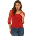 thumbnail image 1 of INSPIRE CHIC Women's Casual Square Neck 3/4 Mesh Sleeve Tops Red L, 1 of 5