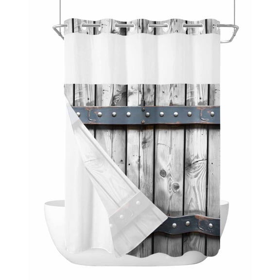 No Hook Cloth Fabric Shower Curtain with Snap in Liner, Grey Wood Grain Waterproof Shower Curtains Set with See Through Top Window, Country Vintage Barn Door Rustic Lodge Bath Curtains Shower 72"x84"