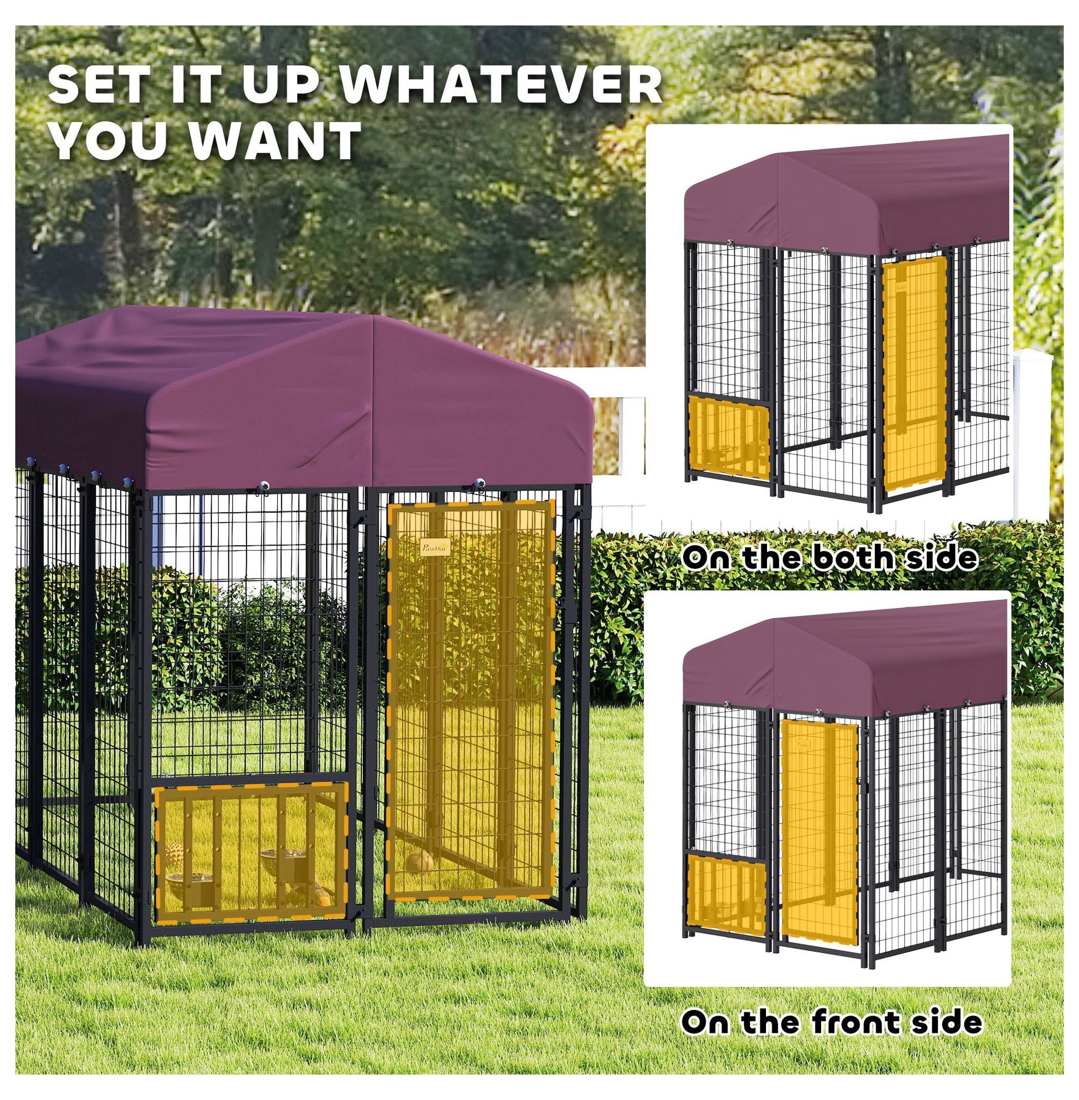 Welded Wire Dog Kennel, Outdoor Dog Run with Cover, 7.9'x4'x6', 360° Rotating Bowls, Adjustable Height, Lockable Gate, Heavy Duty Steel for Large Dogs up to 66lbs