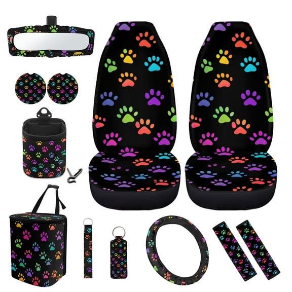 KUIFORTI Paw Print Car Seat Covers Set of 12, Steering Wheel Cover Seat Belt Cover, Coaster, Decorative Car Interior Accessories Sets for Women Girly, Universal Fit for Car Truck SUV Sedan