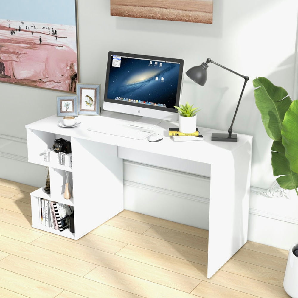 Demi Bonn Modern Computer Desk with 3 Tier Storage Shelves for Home Office Desk Study Writing Table, White