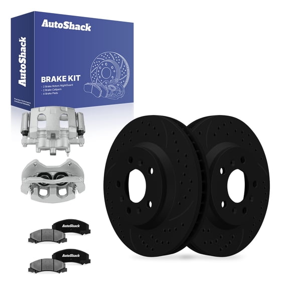 AutoShack Front Vented Drilled & Slotted E-Coated Brake Rotors Black Finish   Ceramic Pads   Calipers 8-PC Brake Kit Replacement for 2012-2013 Chevrolet Impala NightGuard 12.72" (323.2 mm)