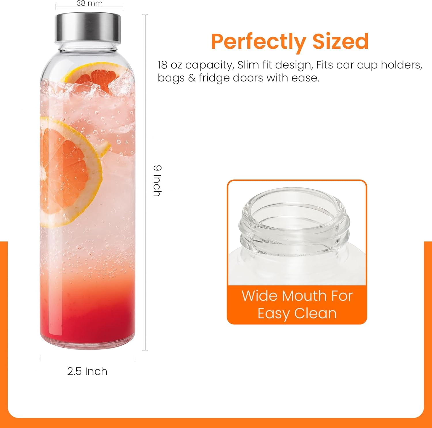 Epica Glass Water Bottles with Lids, Reusable Clear Juice Jars, 18 oz, 6-Pack