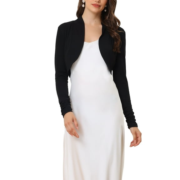 INSPIRE CHIC Women's Elegant Bolero Shrug Top Ruched Long Sleeve Open Front Cropped Cardigan XS Black
