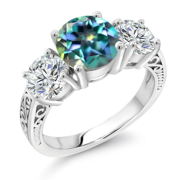 Gem Stone King 925 Sterling Silver Millennium Blue Mystic Topaz and Lab Grown Diamond Engagement Ring for Women | 3.48 Cttw | Round 8MM | Gemstone November Birthstone | Size 7