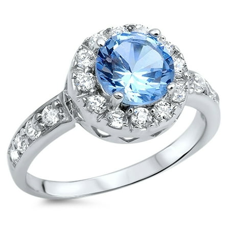 Simulated Aquamarine Halo Cluster Wedding Ring ( Sizes 4 5 6 7 8 9 10 ) New .925 Sterling Silver Band Rings by Sac Silver (Size 7)