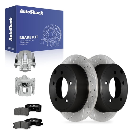 AutoShack Rear Solid Drilled & Slotted E-Coated Brake Rotors   Premium Ceramic Pads   Calipers 8-PC Brake Kit Replacement for 2014-2015 Mitsubishi Lancer ShadowGuard 10.31" (261.8 mm)