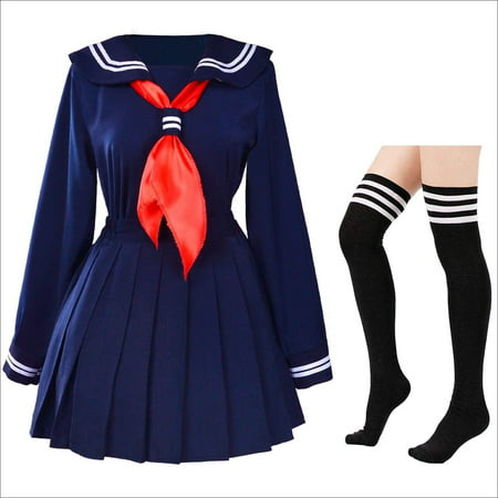 Classic Japanese School Girls Sailor Dress Shirts Uniform Anime Cosplay Costumes with Socks Set Asia L (Fit99-110Lbs)