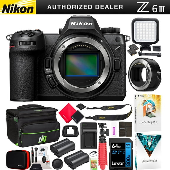 Nikon Z6III Full Frame Mirrorless FX 6K Interchangeable Lens Camera Body 1890 Bundle with FTZ II Mount Adapter   Deco Gear Photography Bag   Extra Battery   LED   Software| Official Nikon USA Dealer