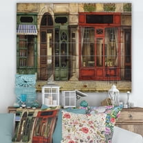Designart 'Red Facade of Charming Shop In Paris Street II' French Country Print on Natural Pine Wood