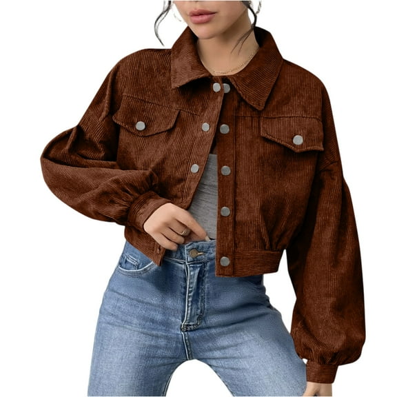 WTOBBY Women's Casual Corduroy Jacket Single-breasted Coat, Comfortable and Trendy Ribbed Fabric Jacket for Everyday Casual Style,Brown L