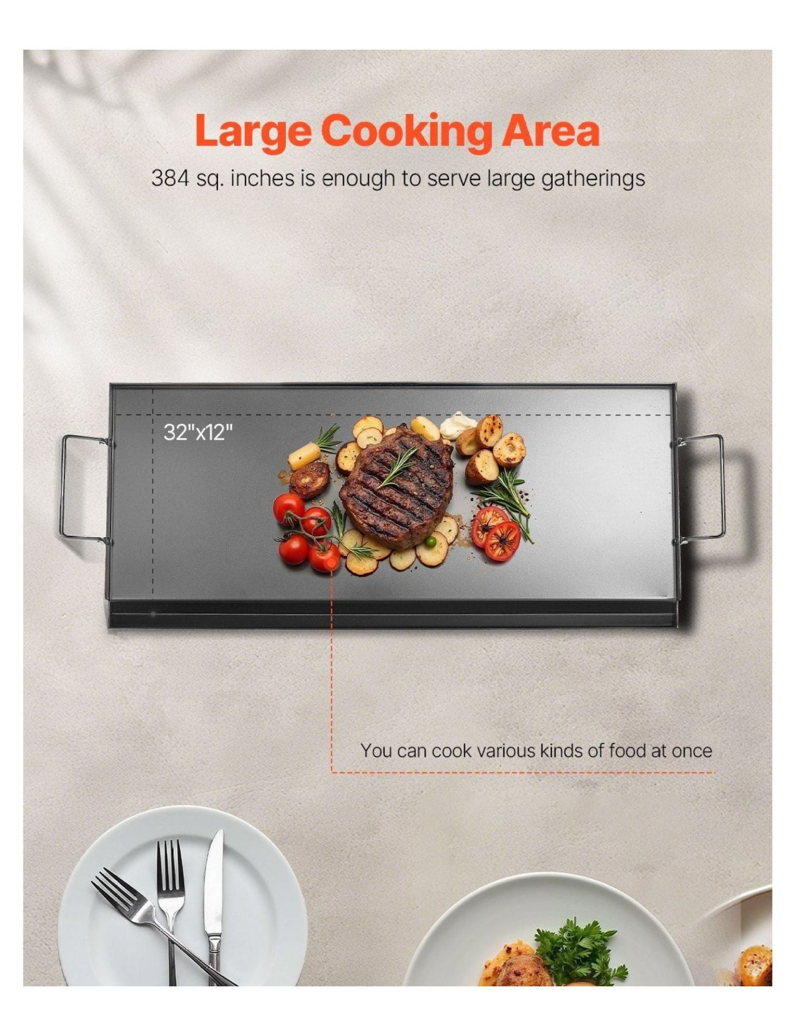 Carbon Steel Griddle 32x14 inch, Flat Top Griddle for Gas Grill, BBQ, Teppanyaki, Portable Cookware with Handle, Camping & Tailgating