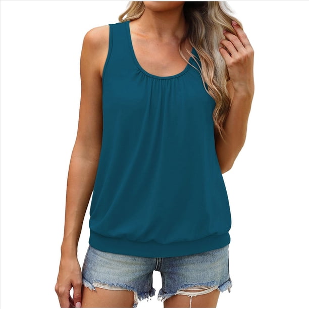Camiseta de Tirantes Holgada de Verano para Mujer, Plisada, con Cuello Redondo, Informal, Sin Mangas, Verde Pavo Real, Talla XL