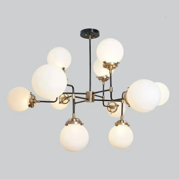 Large Bistro Glass Globe Mid Century Modern Chandelier, Handcrafted Brass Ceiling Light, Modern 12 Glass Globe Design Hanging Light Fixture