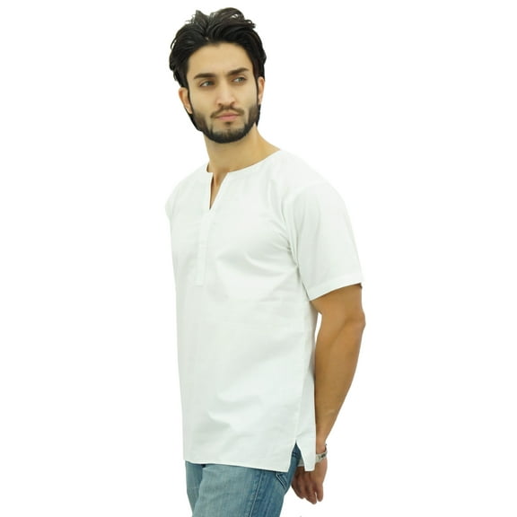 Atasi Men's Casual Short Kurta Indian Tunic V-Neck Cotton Top-Large