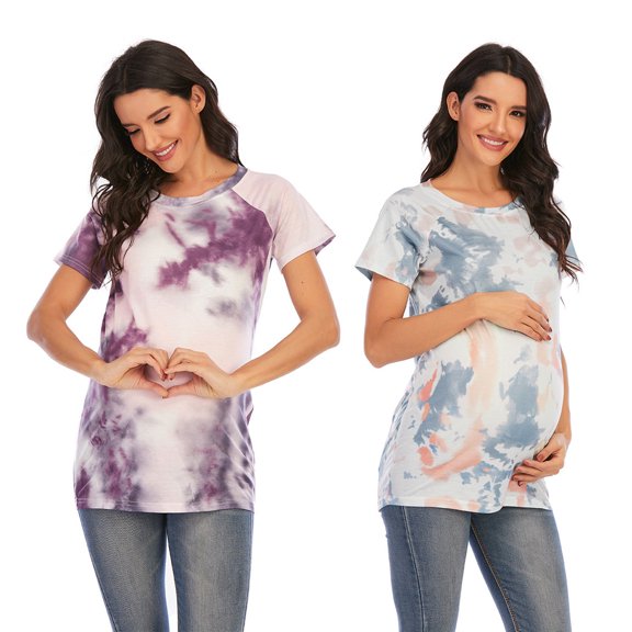 CAIXAI Maternity Shirts For Women Irregular Tie Dye Hem Tee Shirt Casual Short Sleeve Crew Neck Basic Nursed T Shirt Top Breastfeeding