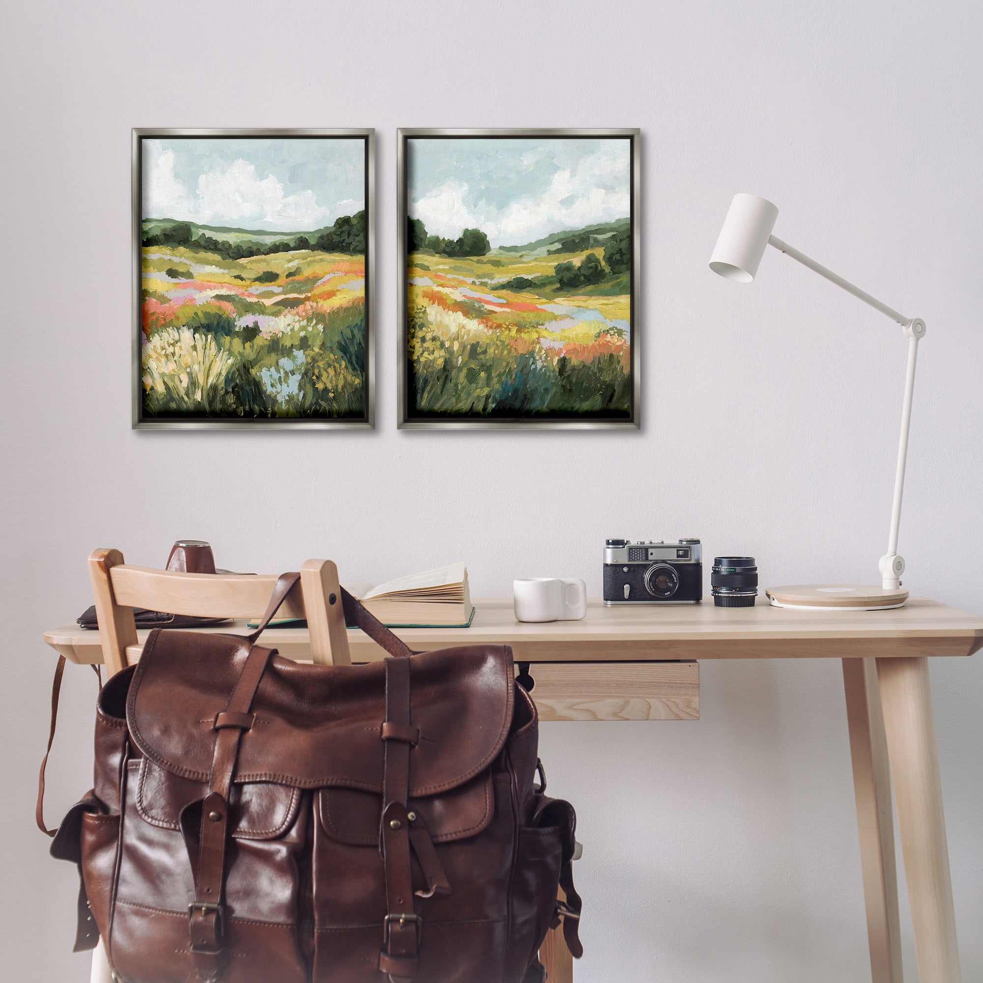 Stupell Industries Vast Meadow Painting Landscape Painting Gray Floater Framed Canvas Art Print Wall Art, 17 x 21, Set of 2