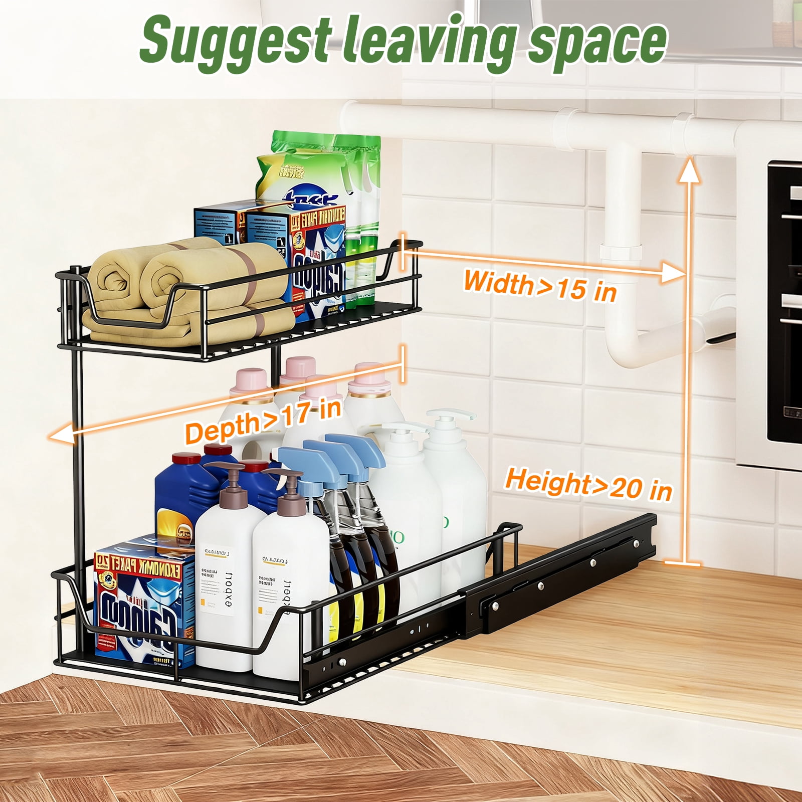 Heavy Duty Under Sink Organizer, Pull Out Cabinet Organizer for KItchen Bathroom, 2 Tier Kitchen Sink Organizer and Storage, Fully Extendable, Large-sized, 16.7"D x 13.1"W x 15.6"H