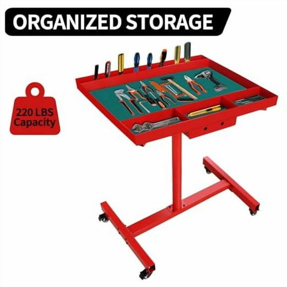 Adjustable Tear Down Work Table with Drawer, 220 lbs Rolling Tool Tray with Wheels, Heavy Duty Work Table for Garages, Repair Shops, and DIY, Red
