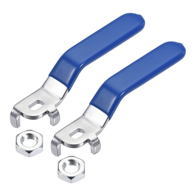 Unique Bargains Iron Chrome Plated Replacement Quarter Turn Lever Handle for DN25 Ball Valve 2 Pack. The image shows two chrome-plated iron lever handles with blue plastic-wrapped grips for comfortable operation. Each handle includes a mounting hole and comes with a corresponding nut. Designed for DN25 (1-inch) ball valves, these handles are durable, scratch-resistant, and easy to install.