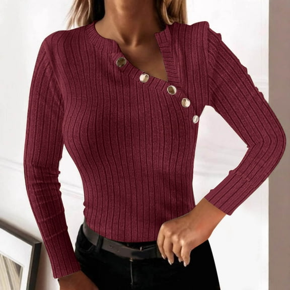 Xunlbb Tops for Women Trendy Women's Winter New Long Sleeve V-neck Metal Buckle Decorative Top T-shirt Women's Long Sleeve V-neck Top/shirt S-2XL Great Gifts for Less