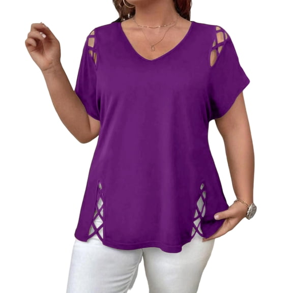 ASDFVBKG Womens Cut Out Summer Tops Plus Size Short Sleeve V Neck Shirts Casual Fashion Loose Fit Business Blouses Solid Color Comfortable Clothes Purple 2XL