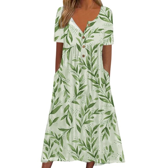 Beach Sleeve Long Print Teacher Dresses Floral Button Short Neck Petite Summer Dresses Casual V Dress Pockets Summer Midi Dress for Women Dresses Women's Casual Dress