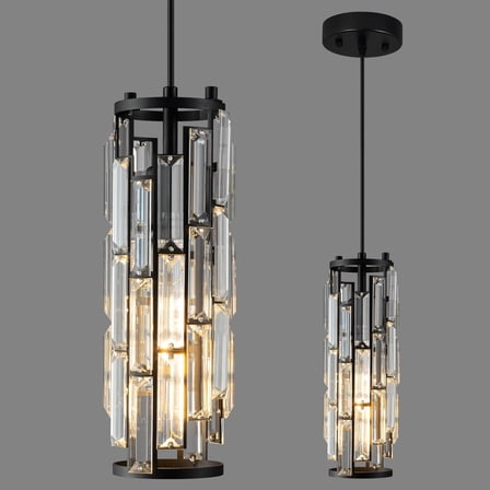 LMQNINE K9 Crystal Pendant Light,Adjustable Ceiling Light for Kitchen Island,Bedroom,Dining Room,E26 Base Black,1-Pack