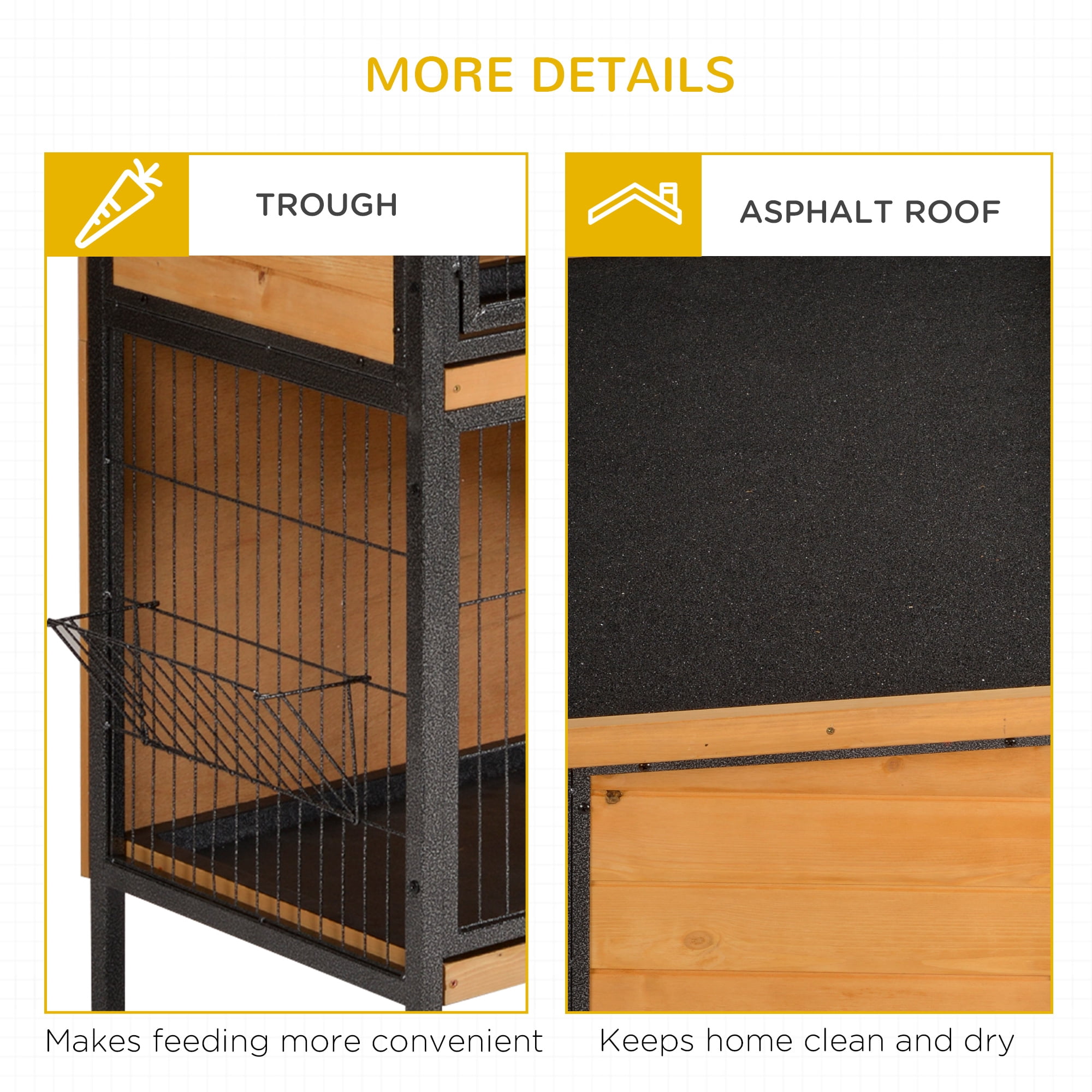 48" 2-Story Large Rabbit Hutch Bunny Cage Wooden Pet House Metal Frame with Individual Room, Ramp, No Leak Tray, Feeding Trough, Waterproof Asphalt Roof for Outdoor/Indoor
