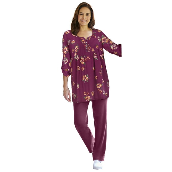 Woman Within Plus Size 7-Day Three-Quarter Sleeve Pintucked Henley Tunic