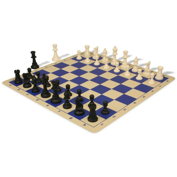 Club Special Silicone Chess Set Black & Ivory Pieces with Blue & Buff Silicone Board - 3.5" King