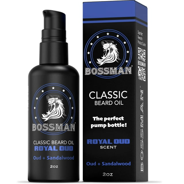 Bossman Aceite orgánico para bigote y barba para hombres, 2 oz, humectante natural para barba con aceites de jojoba, argán y aguacate (aroma a Oud real)
