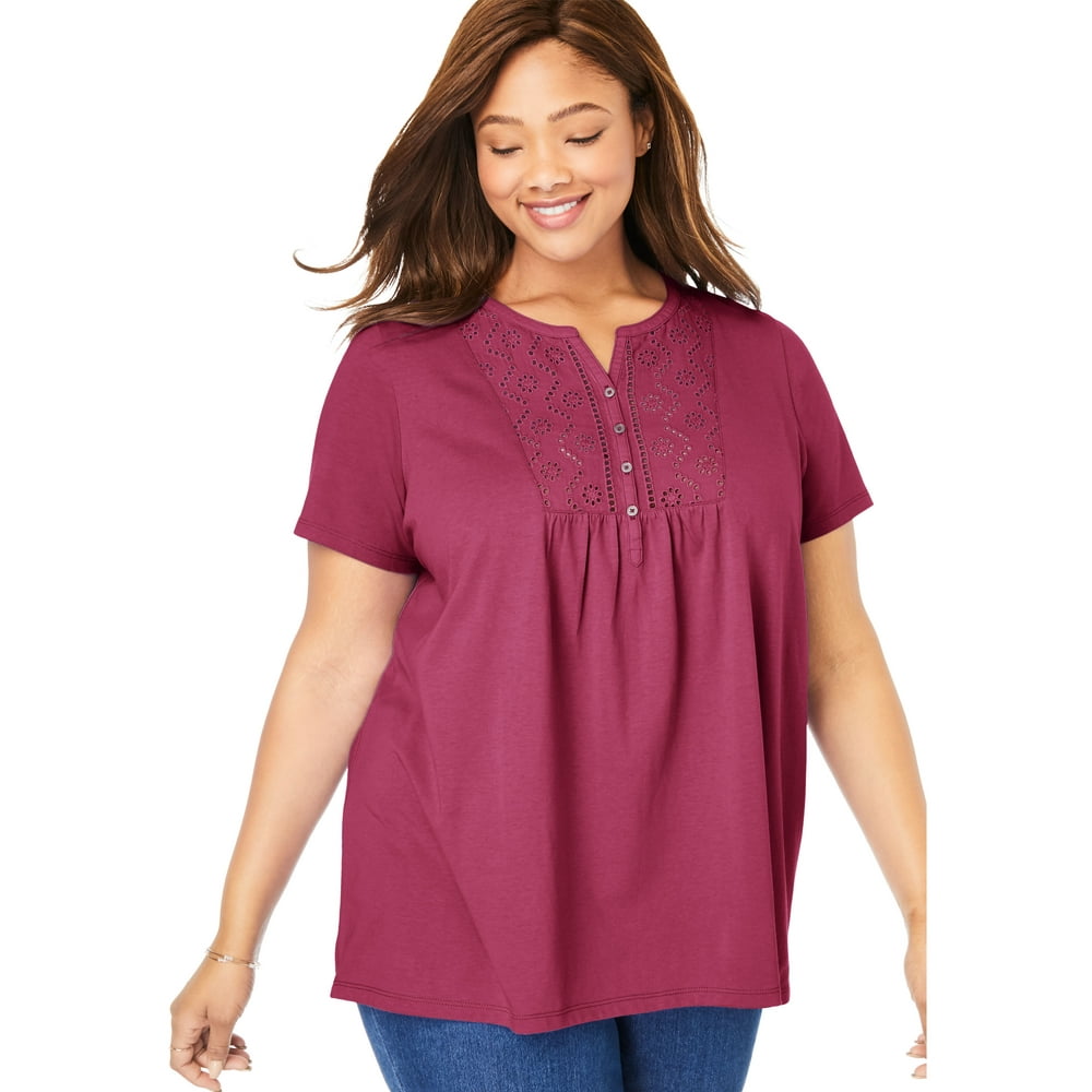 Woman Within - Woman Within Plus Size Eyelet Bib Henley Tee Henley ...
