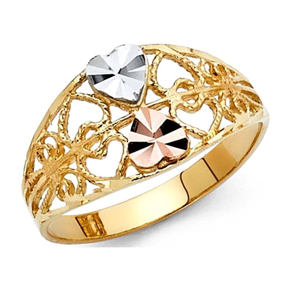 Solid 14k Yellow White Rose Gold Two Hearts Ring Love Band Tapered Diamond Cut Tri Color 10MM, Size 7