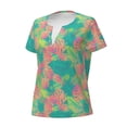 thumbnail image 2 of Goofa Colorful Palm Leaves Pattern Womens Deep V Neck Low Cut Tops Casual Summer Short Sleeve Ribbed Knit T-Shirts-Small, 2 of 5