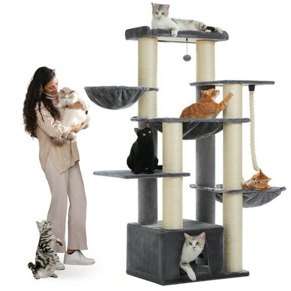 PEQULTI 67" Maine Coon Cat Tree Large Cat Tower for Indoor Cats with 8 Thick Scratching Post Gray
