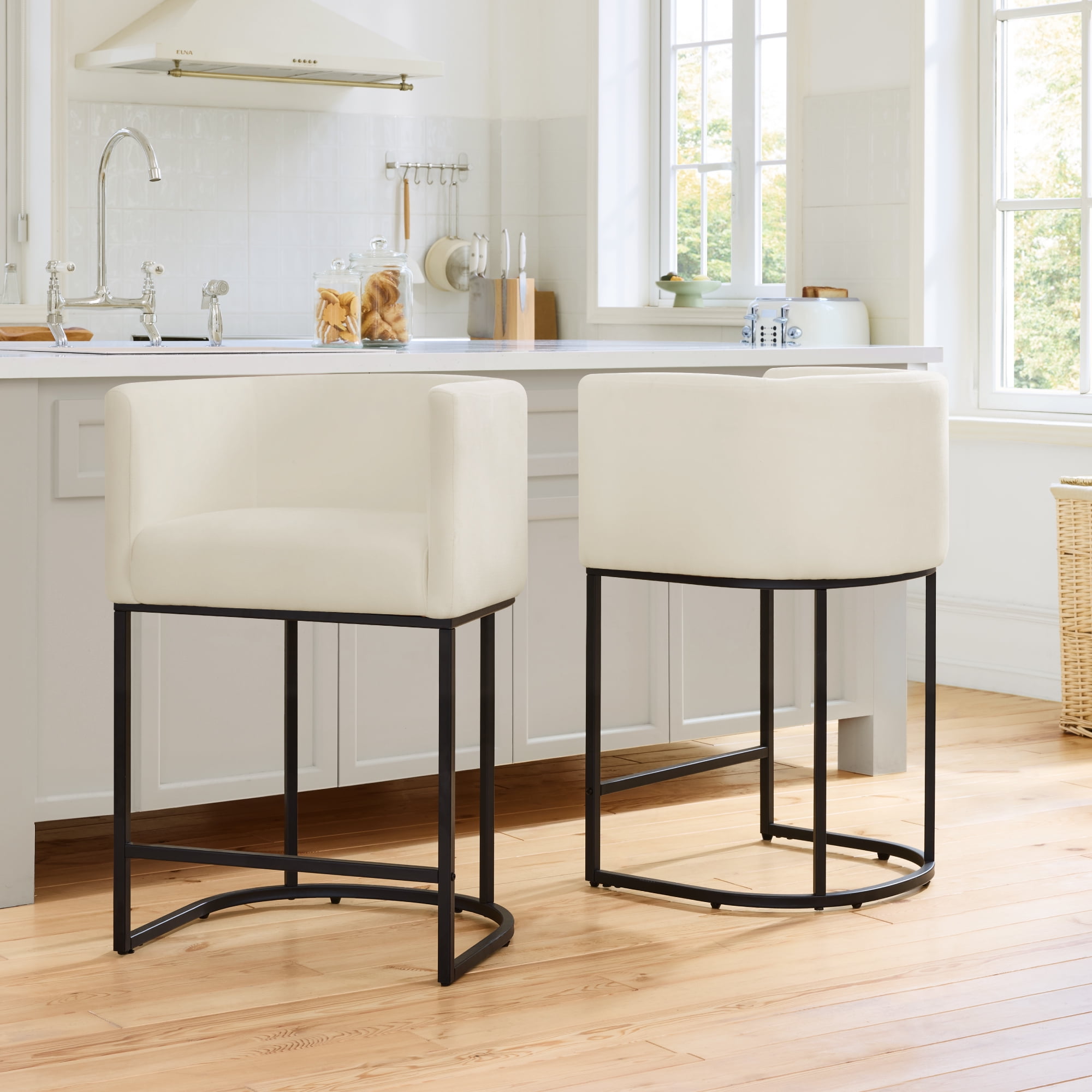 Spruce & Spring Modern Barrel-Back Upholstered Counter Stool with Wide Seat for Kitchen Island or Home Bar Set of 2, Ivory