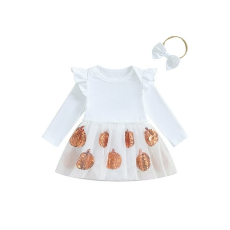 

Girl Halloween Romper Long Sleeves Pumpkin Sequin Jumpsuit Headband