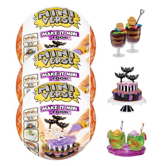 MGA's Miniverse Make It Mini Food Halloween Series 2 Mini Collectibles 3 Pack - Seasonal, Beetlejuice Beetlejuice Blind Packaging, DIY, Resin, Replica Food, NOT Edible, Collectors, 8